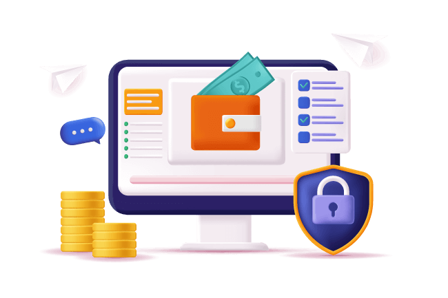 Illustration montrant une interface de gestion financière en ligne avec un portefeuille, des pièces de monnaie, et une icône de sécurité