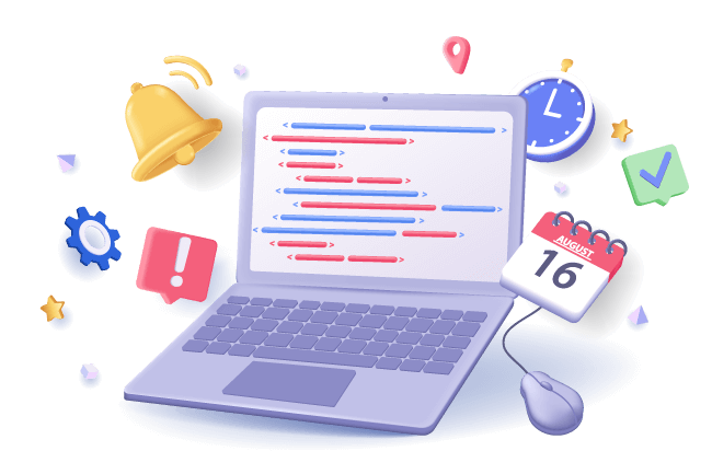 Illustration montrant un ordinateur portable avec du code à l'écran, entouré d'icônes de notification, calendrier, et horloge